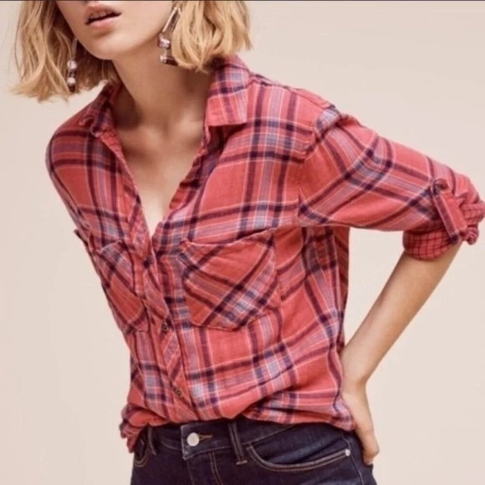 Cloth & Stone Anthropologie Pink Brecken Plaid Button Down Shirt Woman's Medium